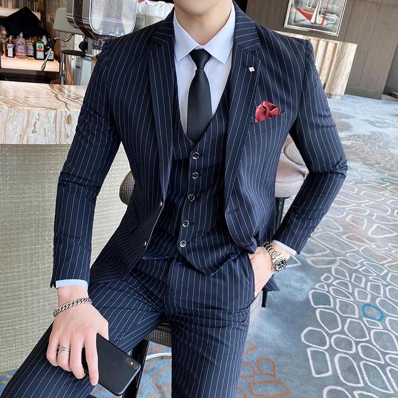 Mens Suits Blazers Brand Men 3 Piece Suit Jacket Pant Vest / 2022 Business Slim Set Wedding Dress Plaid Formal Wear