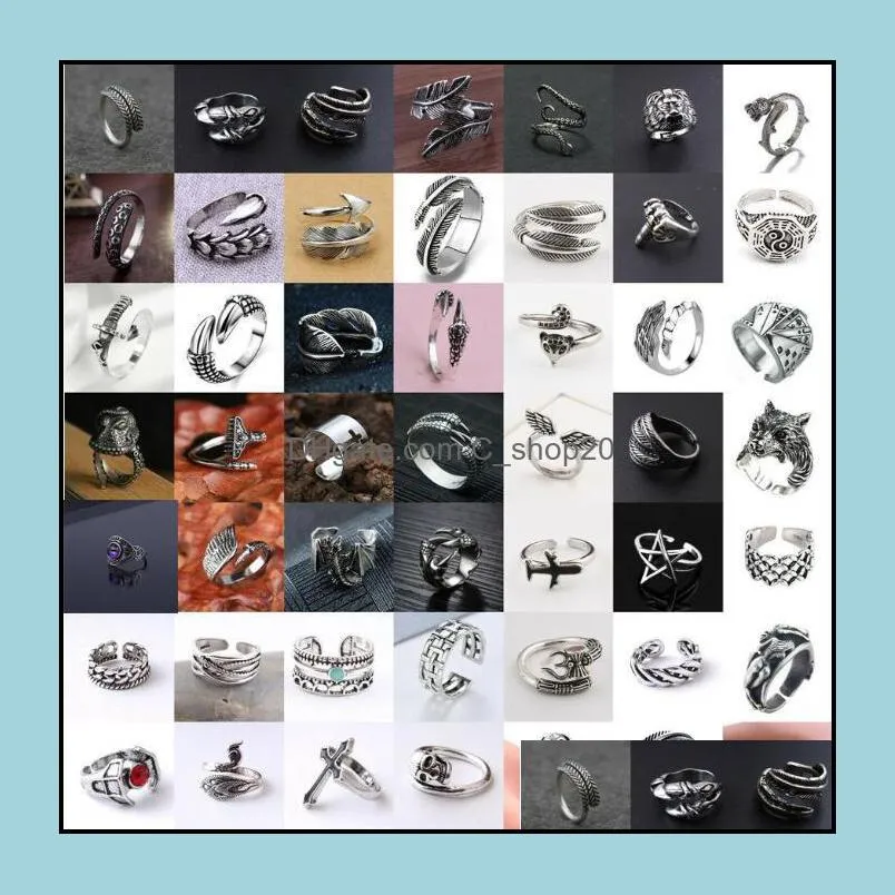 49pcs/lot Men Women Band Rings Retro Stainless Steel Animal Claw Dragon Feather Adjustable Ring Hip Hop Alloy Punk Jewelry Gifts