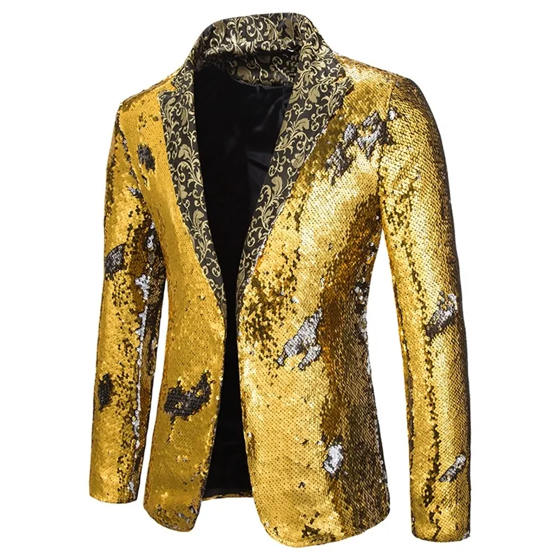 Luxury Gold Sequin Glitter Jacket Men Slim Fit Notched Lapel Blazer Jacket Mens Nightclub Stage Singers Blazers Costume Homme 220504