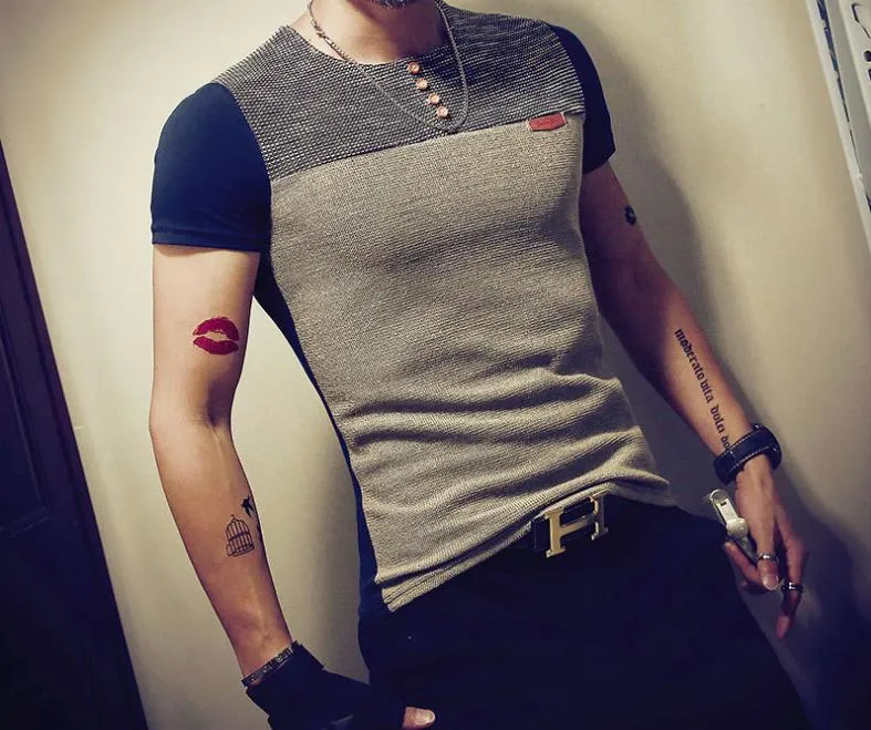 여름 패션 남자의 티셔츠 캐주얼 패치 워크 짧은 소매 의류 동향 캐주얼 슬림 피트 힙합 탑 티셔츠