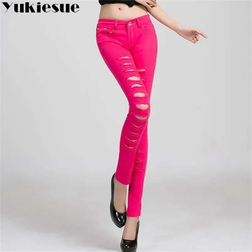 High Waist Denim Skinny Jeans For Women, Ripped Hole Candy Color