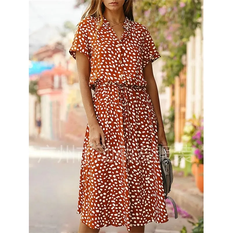 Summer Polka Dot Dress Ladies Leopard Print Shirt Dress, Bohemian, Mid-length, High Waist, Beachwear, Vacation, Summer 220514
