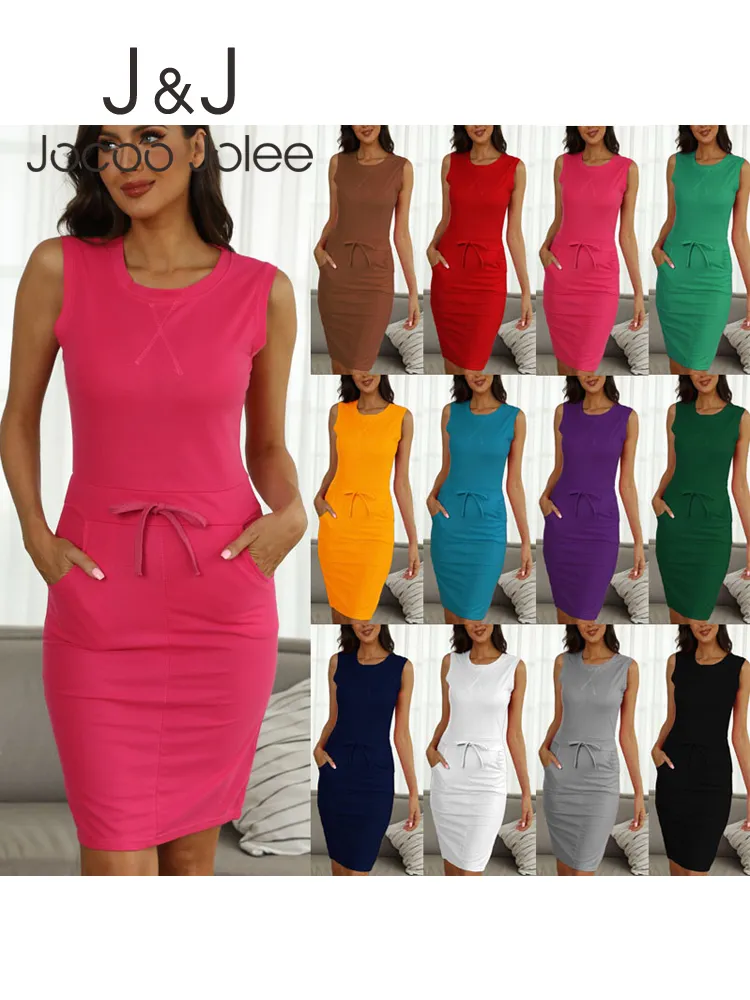 Jocoo Jolee Women Causal Sleeveless Pockets Pencil Dress Summer Solid Drawstring Waist Beach Party Sundress 220418