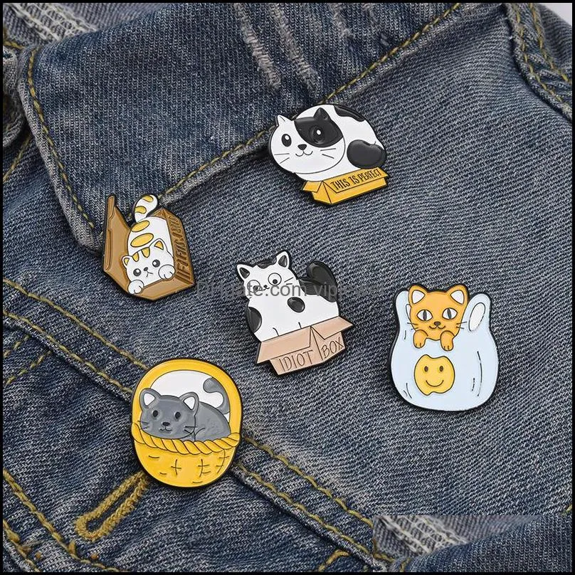 animal cat series cartoon brooches alloy box basket plastic bag enamel pins women party gift clothes backpack collar badge jewelry accessories