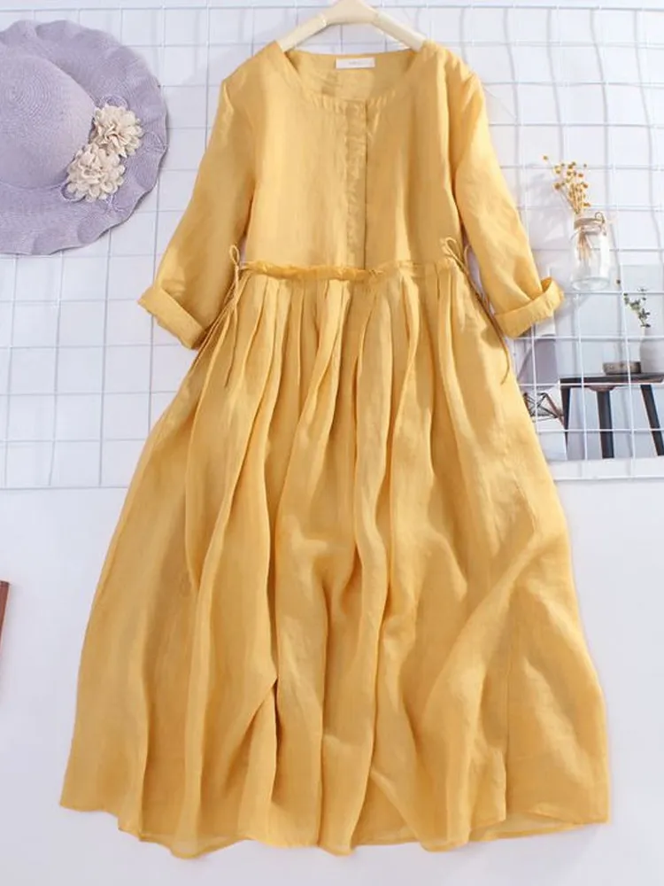 knee length dresses for ladies Japanese Style Maxi Linen Dress