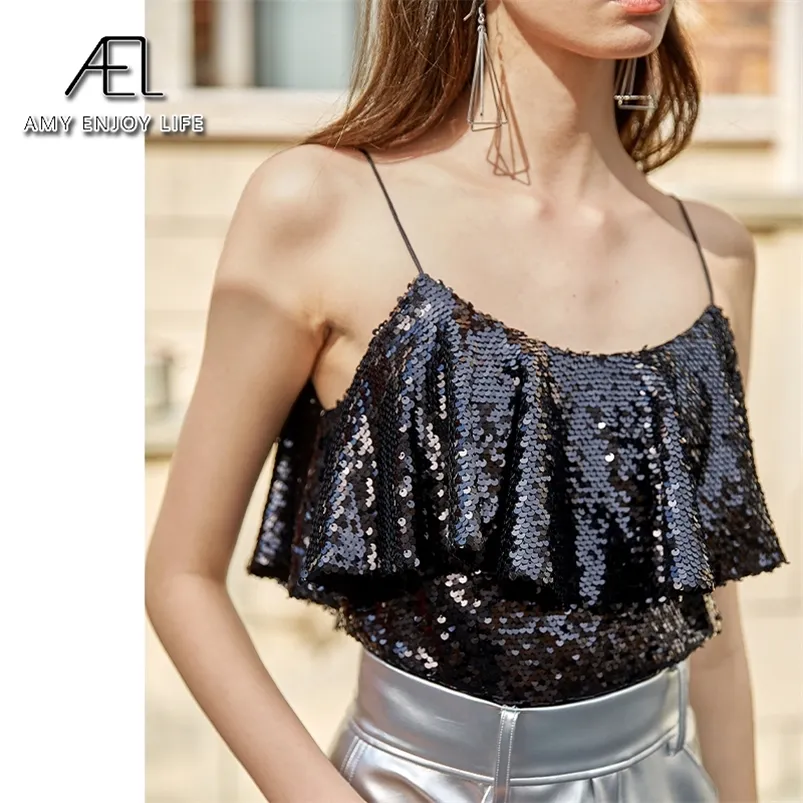 AEL Spaghetti Strap Top Women Halter black Sequins Sleeveless party Tank ruffle Tops Women'S Summer Camisole 220331