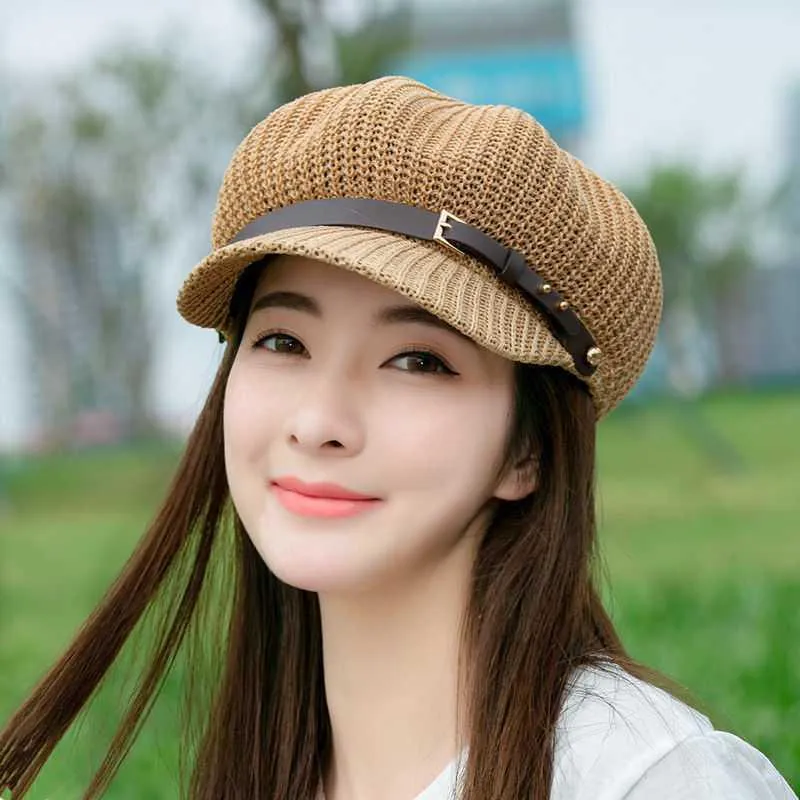 Berets Foux Sboy Caps Summer Women Knit Mesh Breathable Baker Boy Painter Hat Adjustable Belt Pure Color Shade Korea Japanese StyleBerets