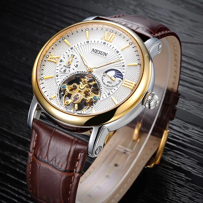 Montres-bracelets Top Marque Nesun Hommes Tourbillon Montre Automatique Mécanique Mode Sport En Cuir Montre-Bracelet Suisse Relogio MasculinoWristw