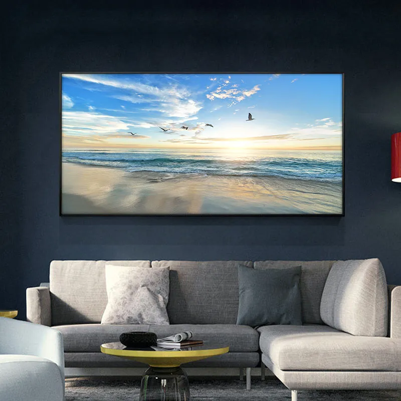 Couchers de soleil naturel oiseau bleu ciel mer plage paysage affiches et impressions toile peinture Panorama mur Art photo pour salon