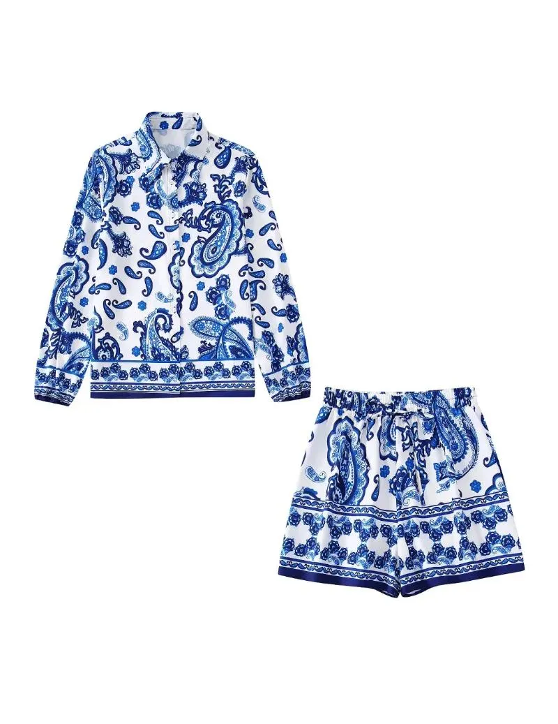 Damen-Trainingsanzüge, stilvolle Damen-Blau-bedruckte Hemd-Shorts, 2-teiliges lässiges Mädchen-Blusen-Set, Bohemian-Sommer-Y2K-Streetwear für den Urlaub