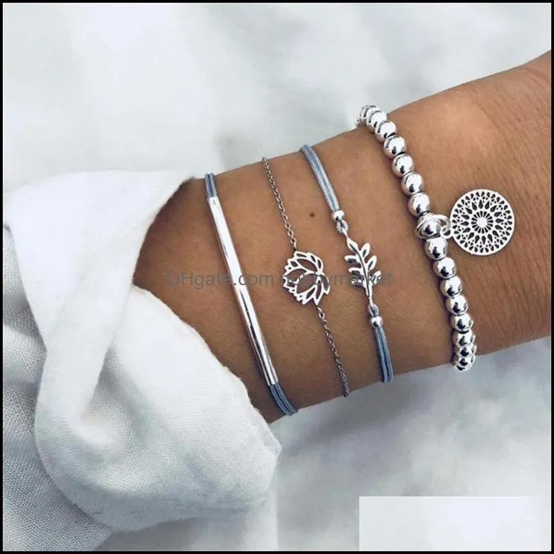 4 Pcs/Set Boho Hollow Leaves Lotus Dream Catcher Beads Leather Chain Silver Multilayer Bracelet Female Charm Jewelry Accessories