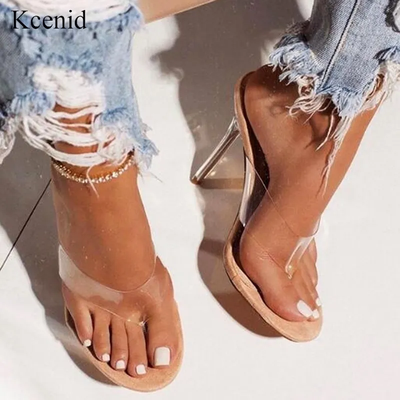 Kcenid Summer fashion transparent PVC flip flip flop green serpentine sexy high heels crystal party slippers shoes size 42 Y200423