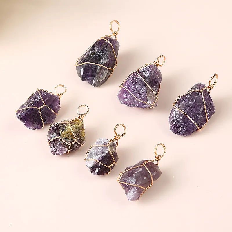 Irregular Natural Purple Crystal Stone Gold Plated Handmade Pendant Necklaces For Women Girl Party Club Jewelry With Chain