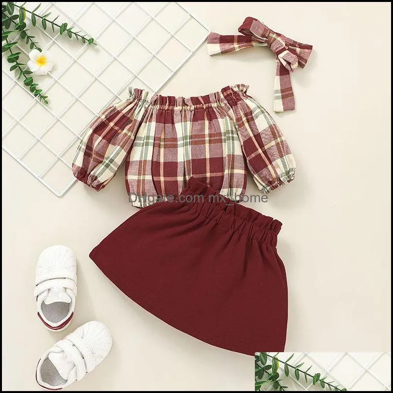 kids clothing sets girls lattice outfits infant plaid off shoulder tops+skirts+headband 3pcs/set summer spring autumn fashion baby clothes