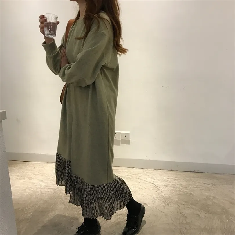 Kvinnor Autumn Thin Woolen Straight Long Dress Ladies Green Ruffle Hem Fake Two Piece Dresses Round Collar Long Sleeve Pullovers T200320