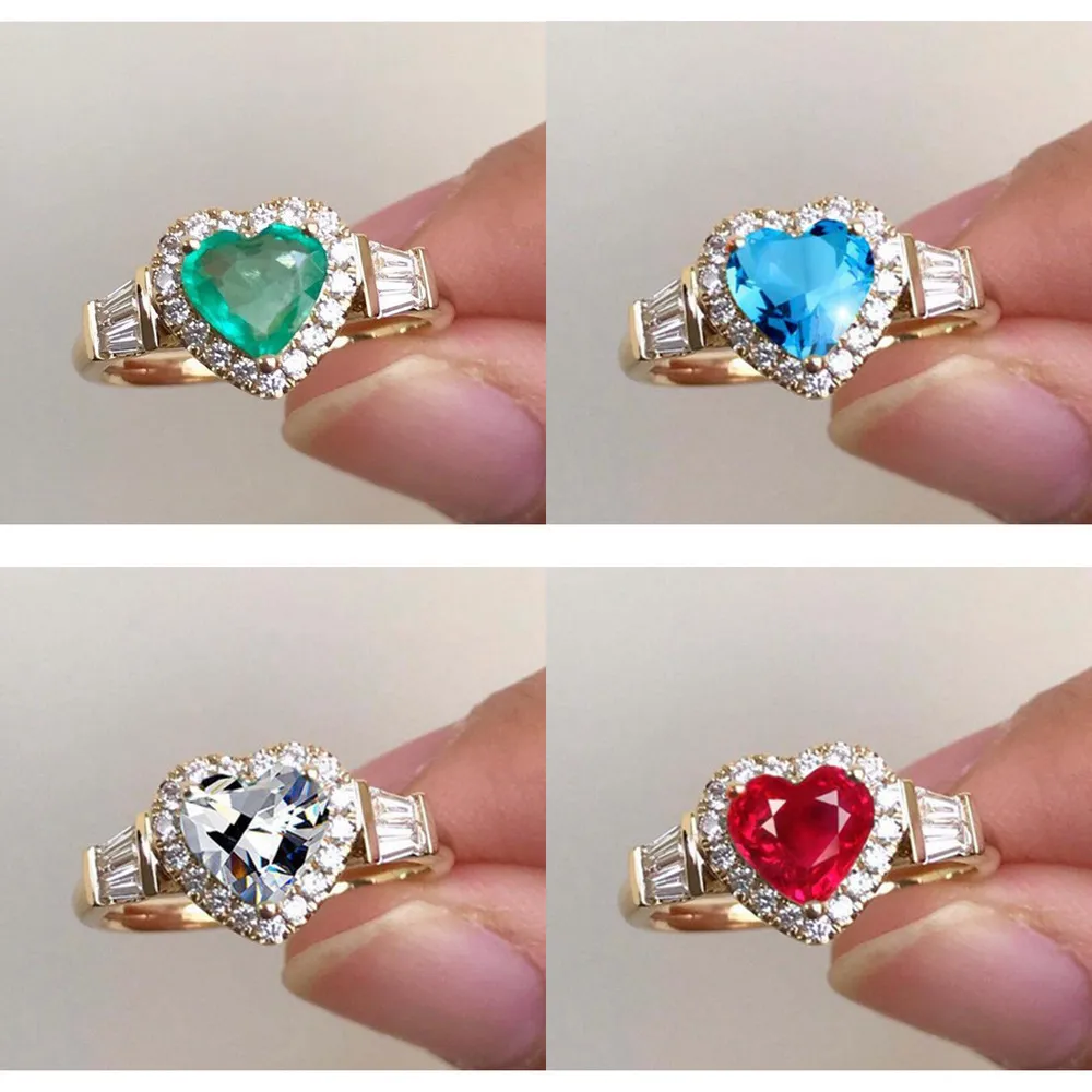 Princess White Sapphire Gold Emerald Gemstone Diamond Heart Rings for Women Wedding Engagement Jewelry