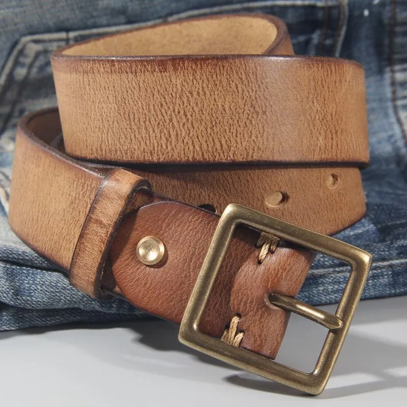 Cintos vintage 100% CHide Alta qualidade Retro não interlista Couro natural Copper Fivelel de cinto masculino Jeans Casual Beltelts Belts Belts