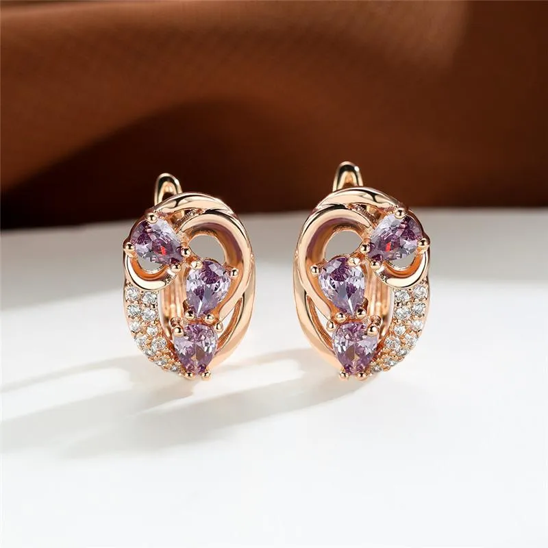 Hoop & Huggie Luxury Small Water Drop Stone Earrings Purple Crystal White Zircon Rose Gold Color Wedding For WomenHoop