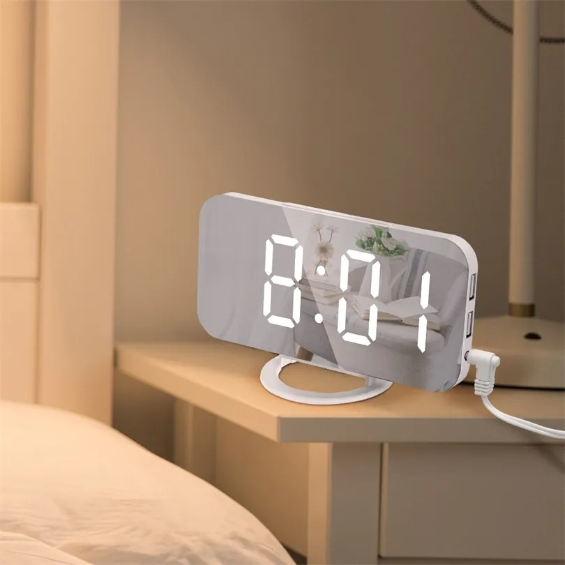 Digital LED Alarm Clock Mirror 2 USB Charger Ports Night Light Table