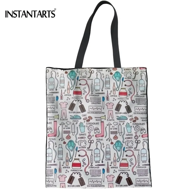 INSTANTARTS Divertente Cartone Animato Infermiera Modello Womans Lino Shopping Moda Grandi Ragazze Tote Panno Riutilizzabile Eco Borse Y201224