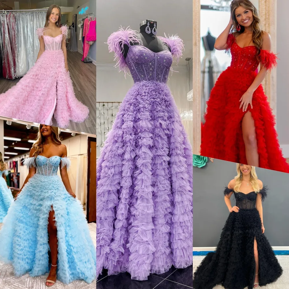 Abito da ballo rosa 2k22 con stecche a vista con spacco laterale Sweep Train Met Gala Pageant Gown Lavanda Strati a strati Tulle Abito da sera per feste di matrimonio Hoco Feather Light Blue