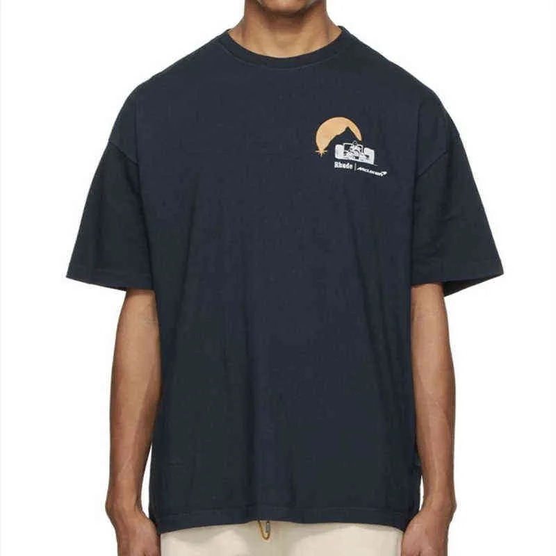 2022 Rhude T-shirt de haute qualité Formula One Classic Sunset Print Street Couple Short Sleeve