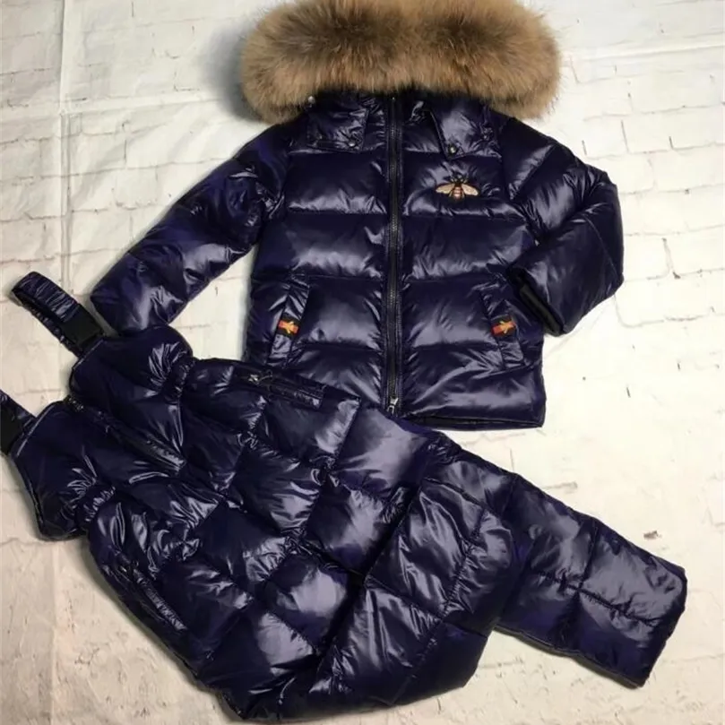 Real raccoon fur winter jacket child suit jacketpant twinset boy girl ski suits children down jacket outerwear parka LJ201125