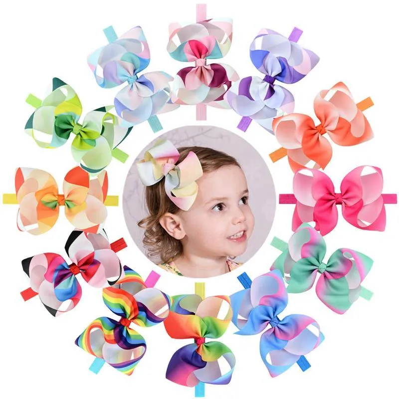 Fashion Polygon Rainbow Bowknot Kids Infant Headband Colorful Grosgrain Ribbon Bows Hairband Children Headwear Hair Accessories