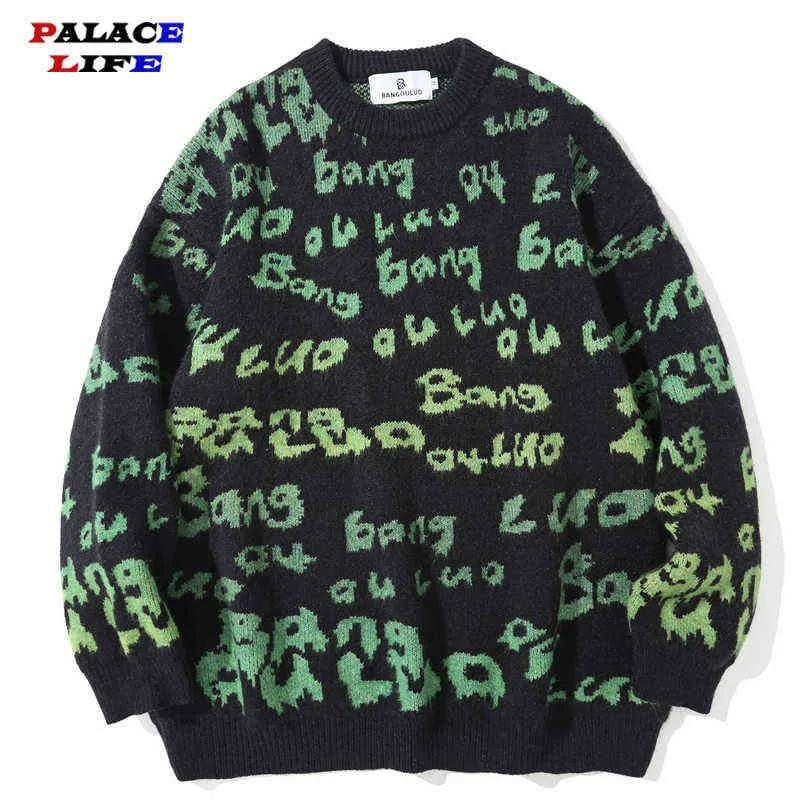 Men Hip Hop Knitted Jumper Sweaters Letter Full Print 2021 Streetwear Harajuku Autumn Couple Oversize Casual Fashion Pullovers T220730