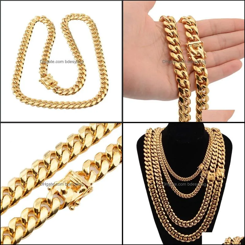 8mm/10mm/12mm/14mm 316L Stainless Steel Jewelry High Polished  Cuban Link Necklace Men Punk Curb Chain Butterfly Clasp