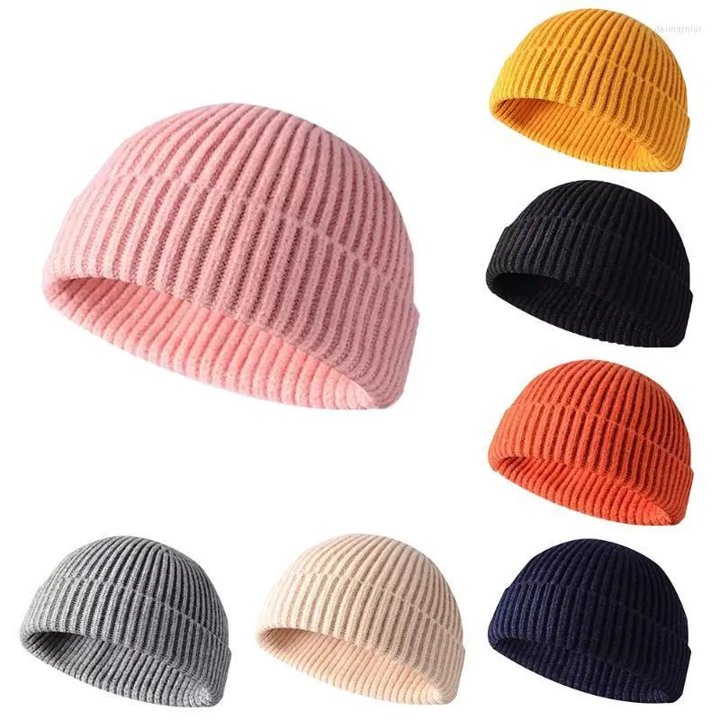 Delm22 Beanie/Totenkopfkappen Winter Herren Strickmütze Schädeldecke Solide Mütze Kurze Krempe Baggy Melon Cap Docker Fisherman Strickmützen Delm22