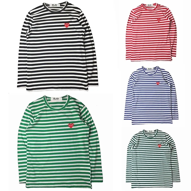 PLAY Spring Autumn T-shirt Striped Embroidered Love Round Neck Long Sleeve Loose Men Women Couple Casual 220408