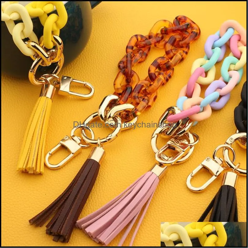  keychains key rings fashion jewelry women accessories wristlet bangle bracelets acrylic link chain leather tassel phone charms bag