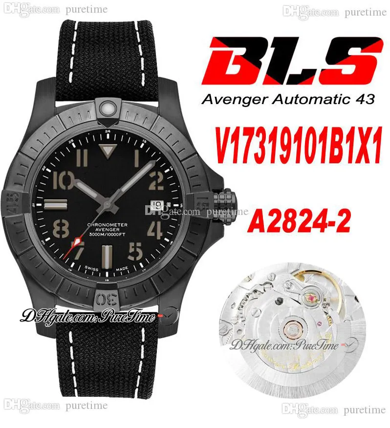 BLS V17319101B1X1 43mm ETA A2824 자동 망 시계 PVD 스틸 모든 블랙 화이트 숫자 다이얼 나일론 가죽 스트랩 슈퍼 에디션 PURETIME 05A1