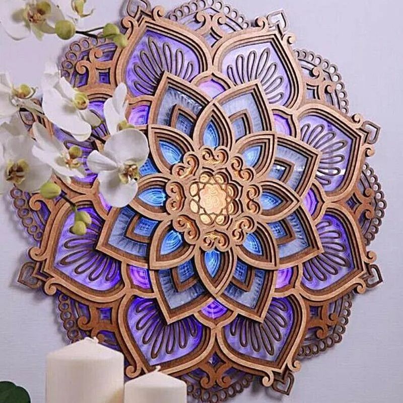 Dekoratif Nesneler Figürinler Geometrik Mandala Çiçek Ahşap Üç Boyutlu Yığınlı Oyma Duvar Dekorasyonu Yoga Odası Gece Lig