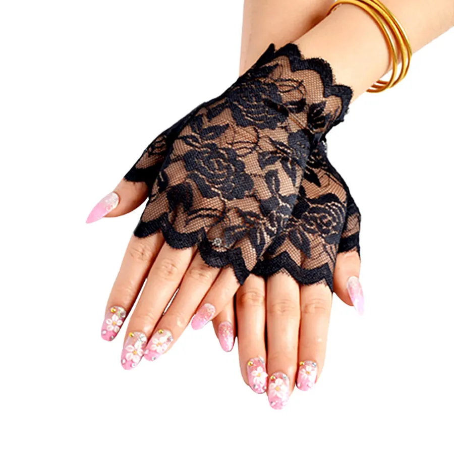 4 Colors Mesh Lace Short Fingerless Gloves For Women Embroidered Rose Floral Bride Wedding Mittens Party Costume Stretch Glove Driving UV-proof