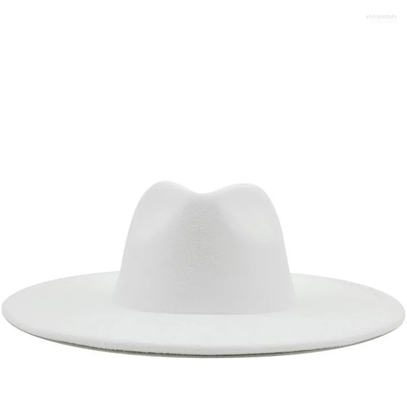 British Style Winter Wool Solid Classic Fedoras Cap Men Women Panama Jazz Hat 9.5CM Wide Brim Big White Elob22