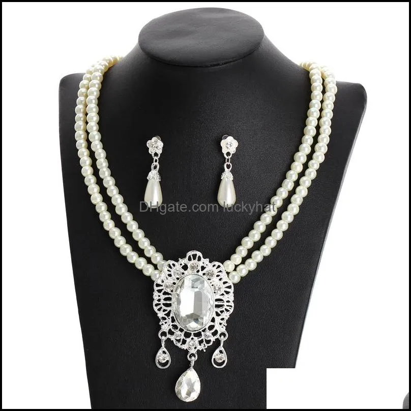 fashion wedding bridal jewelry 2pcs fashion imitation pearl jewelry set multi-layer choker necklace drop earrings woman