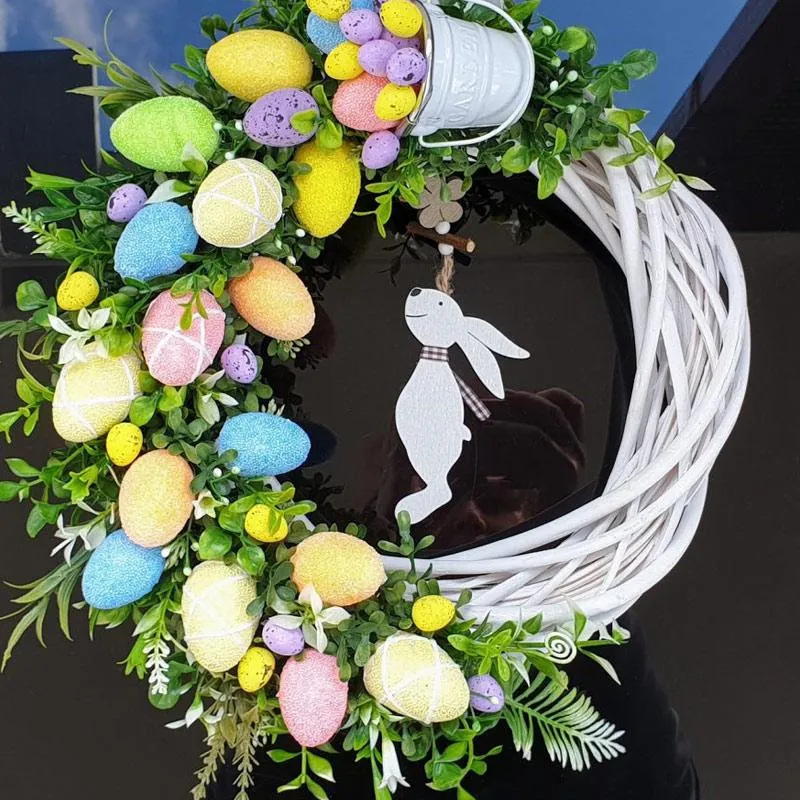 装飾的な花の花輪イースターリースアクリルフラット印刷飾り卵卵スプリングバタフライハッピーデーホームデコレーションデコレーションWR
