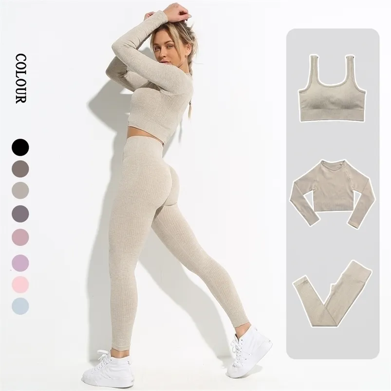 Gym Clothing Seamless Leggings Women Yoga Set Workout Clothes Female Athletic Wear Fitness Bra Long Sleeve Crop Top Sport Suit 220513