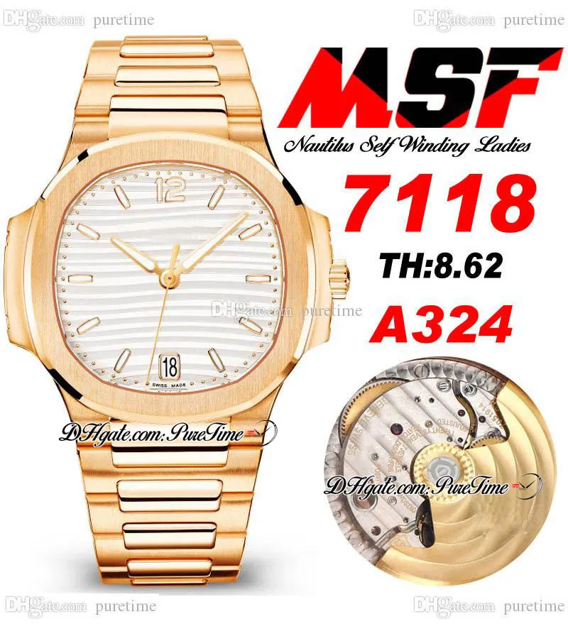 MSF 7118 A324 Automatische Damen-Damenuhr Roségold Silber strukturiertes Zifferblatt Edelstahlarmband Super Edition Uhren Puretime D4