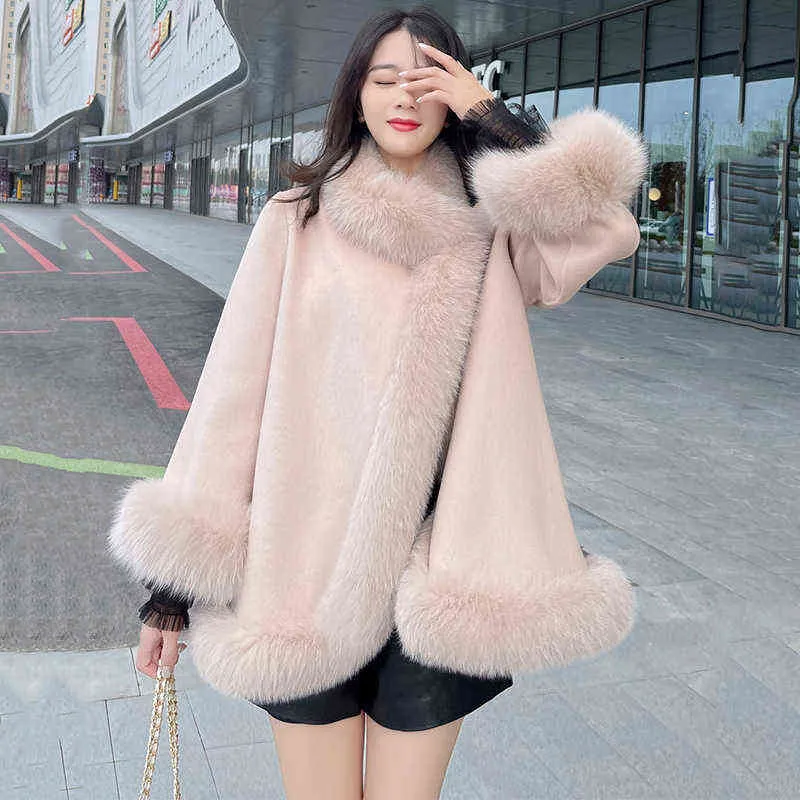 Pop Women Woolen Cloak Autumn Winter Casual Fashion Solid Color Päls Cuff Manschett All-Match Loose Faux Fur Cloak Ull Ytterkläder T220810