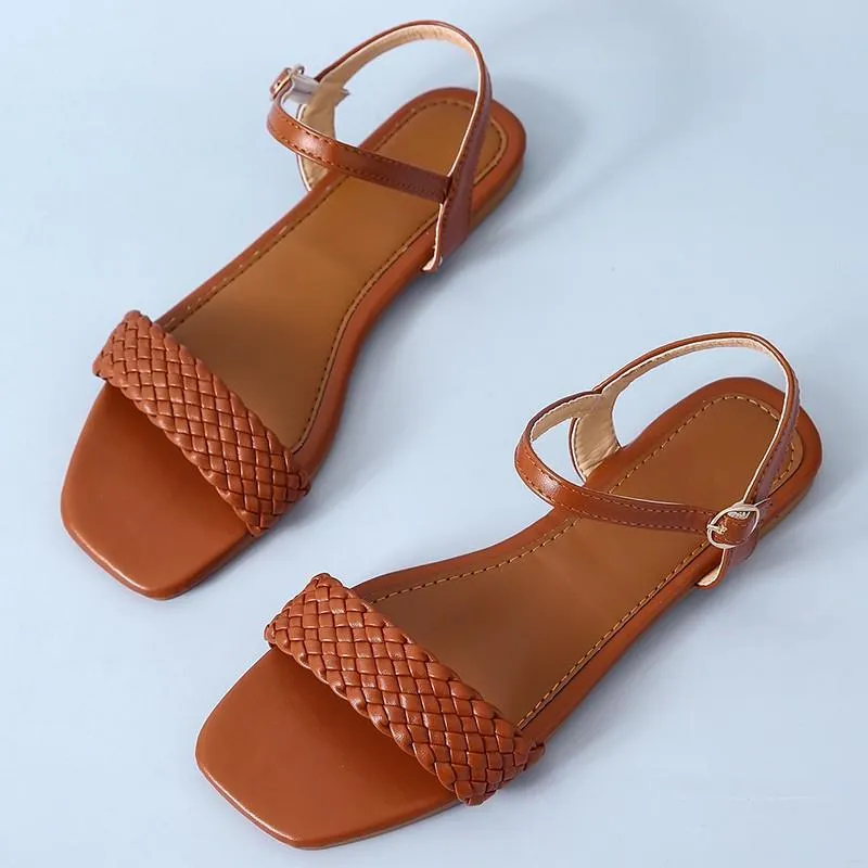 Large Size Mujer De Sandals Sandalias Women Solid Color Casual Flat Ladies Shoes Summer Fashion Simple Buckle Strap Woman Sandalsandals Andals 595