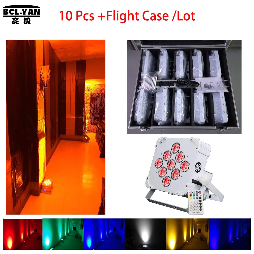 10xlot met vluchtcase hoge helderheid slanke par 9pcs 18W rgbwauv led plat parlight batterij aangedreven draadloze dmx uplights met afstandsbediening DJ -verlichting