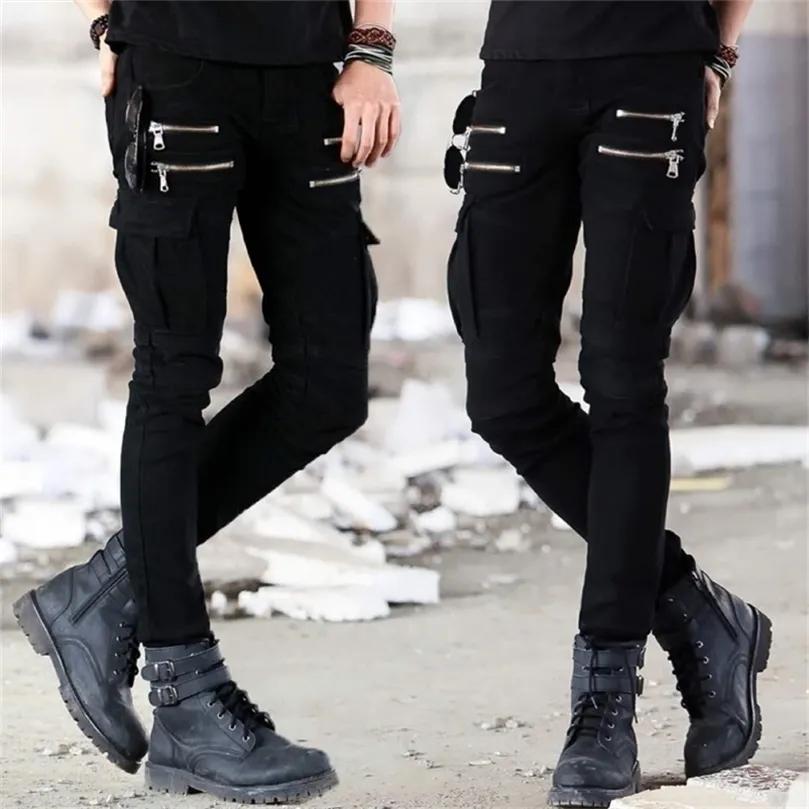 Moto Denim Pantalon Hommes Noir Jeans De Mode Stretch Zipper Skinny Jeans Plissée Moto Biker Hommes Slim Pantalon Vente 210318