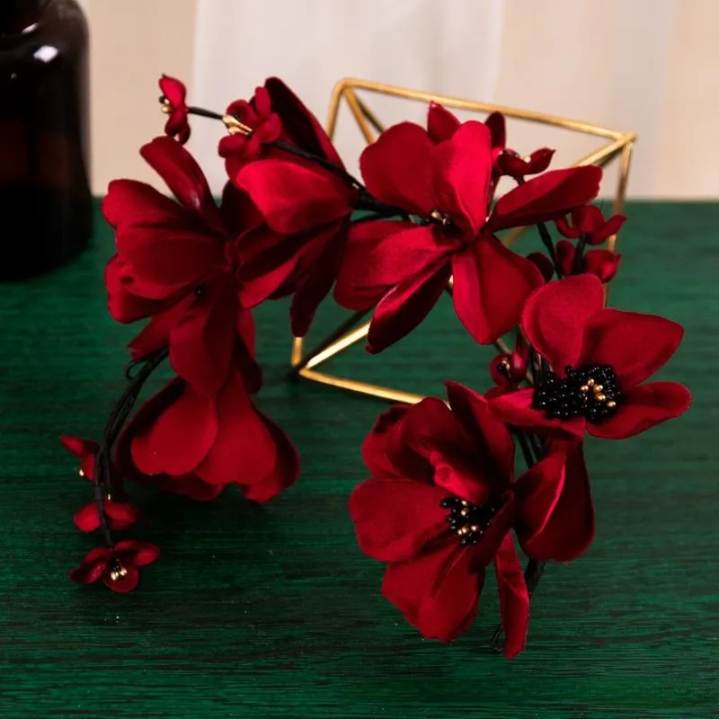 Headpieces Wine Red Petals Hairband Side Bride Wedding Dinner Christmas Year Women Hair Wear Accessories BrideHeadpieces