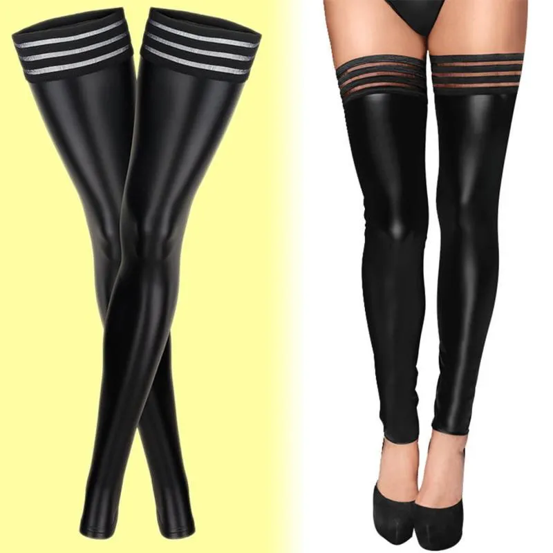 Socken Strumpfwaren Metelam Sexy PU-Leder Streifen Rippenoberteil Oberschenkel Hohe Strümpfe Für Frauen Nacht Clubwear Outfit Knie Fußlos Plus SizeSocks