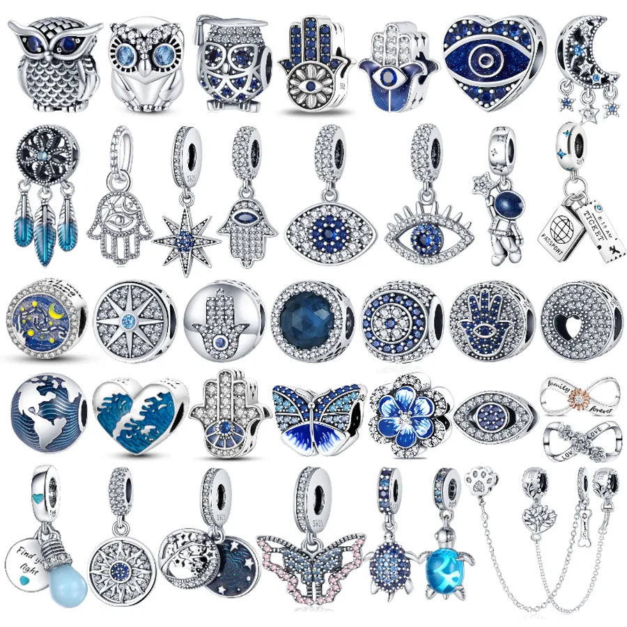 925 sterling Silver Dangle Charm Color Evil Eary Owl Owl Hot Air Balloon Blue Bead Pendant Bead Fit Pandora Charms Bracelet Diy Jewelry Exclies