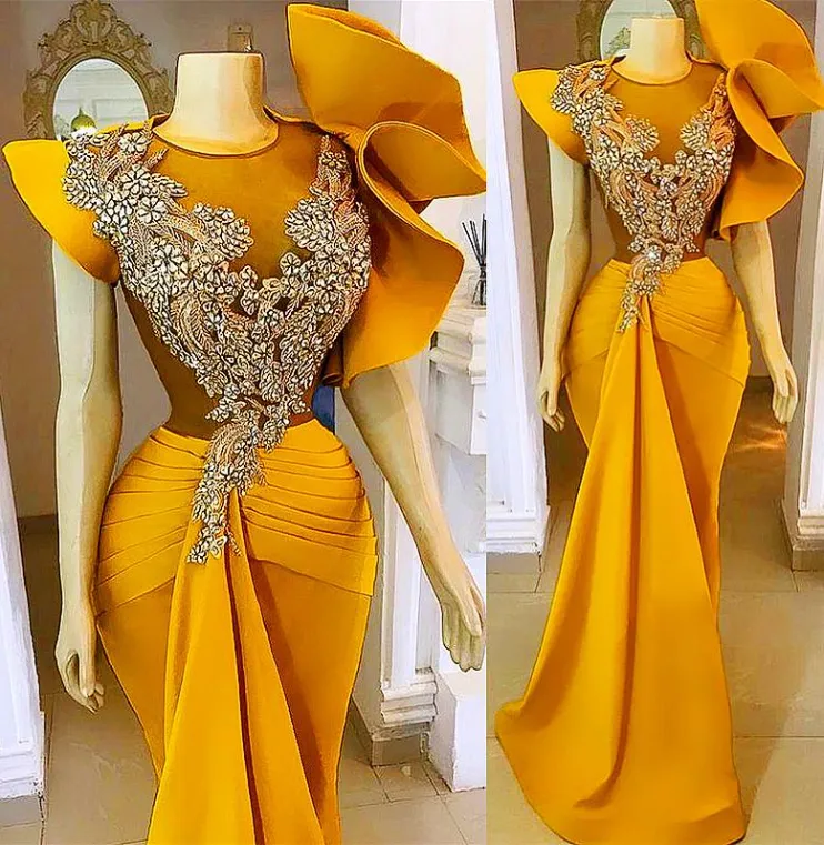 Storlek plus arabisk aso ebi gul sjöjungfru stilfulla prom klänningar spetspärlade kristaller kväll formell parti andra mottagning brudtärna klänningar klänning