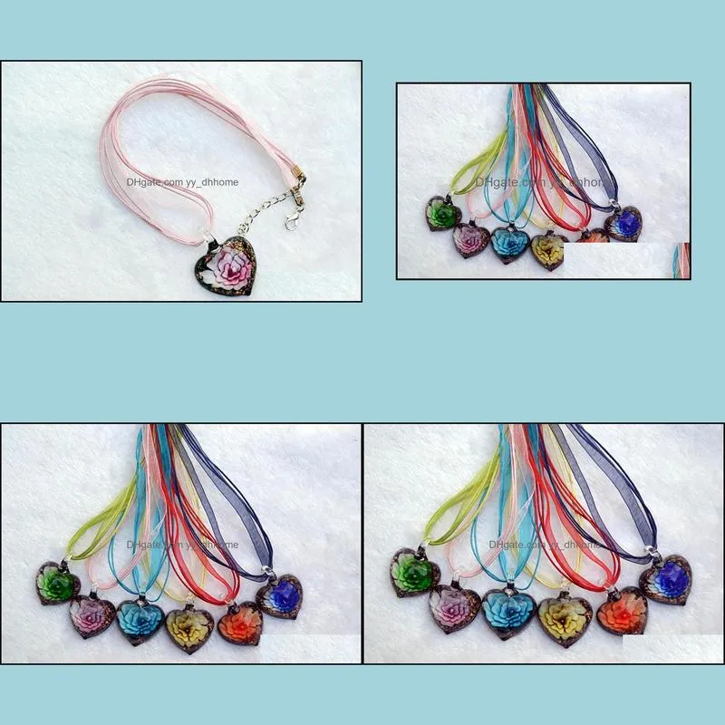 6colour glass jewelry inner flower mix color beauty heart murano pendant lampwork necklace for gift
